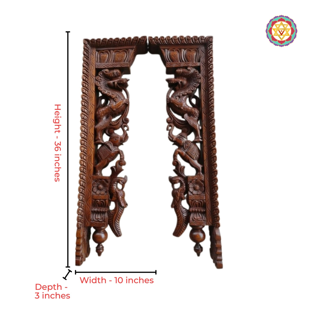 3-Foot Yali Panel with Elephant & Peacock – Bodhil Style Carvings ( single ) - Set 2 Pending for Main Image