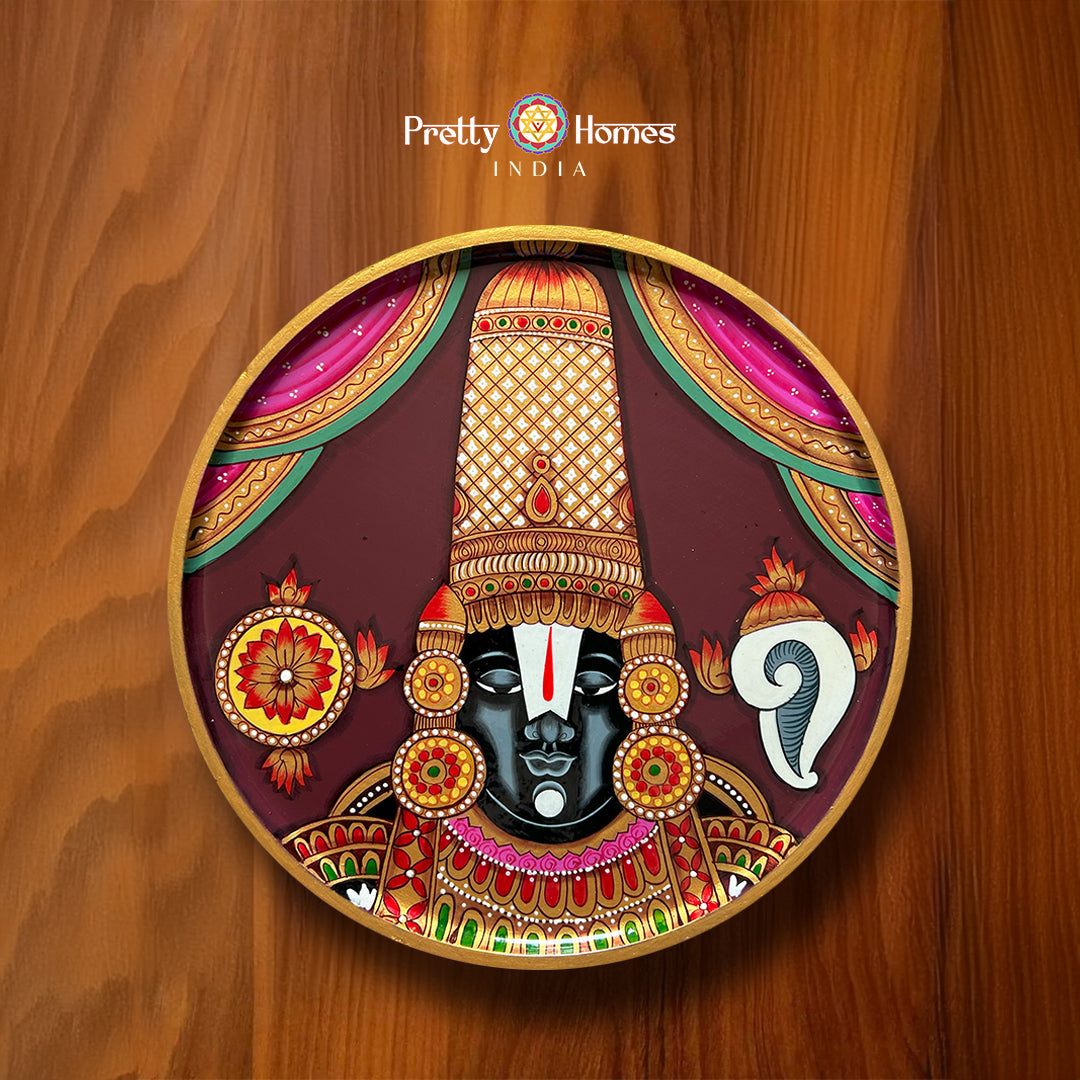 Hand-painted wooden wall plate featuring Lord Balaji in traditional pichwai painting style. Ideal for pichwai home decor or pooja rooms.
