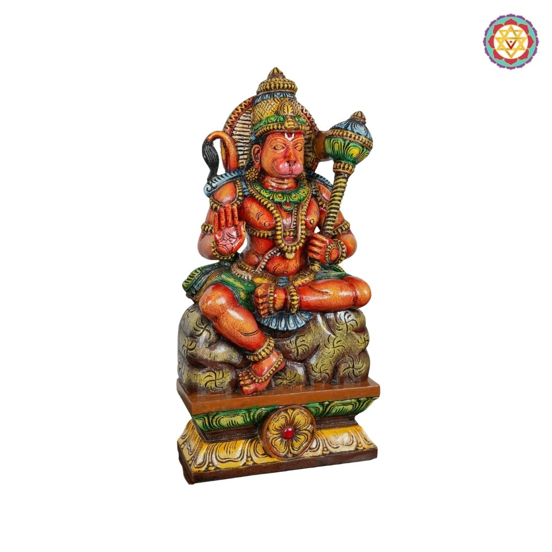 wooden hanuman sculpture side angle showing intricate carved detailing