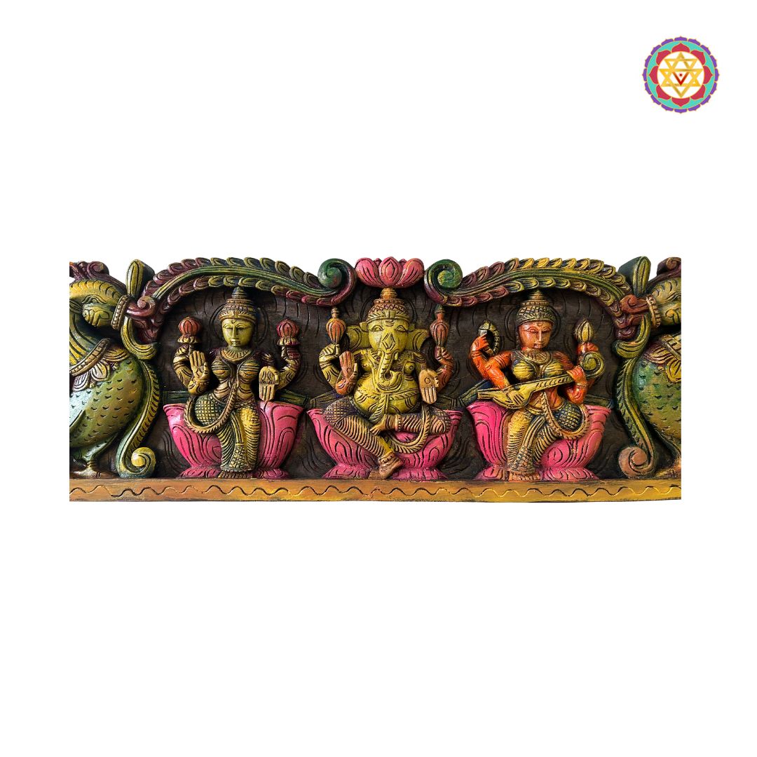 Decorative wall panel with colorful sculptures on a white background: Multicolour horizontal wooden wall panels with dimension view

