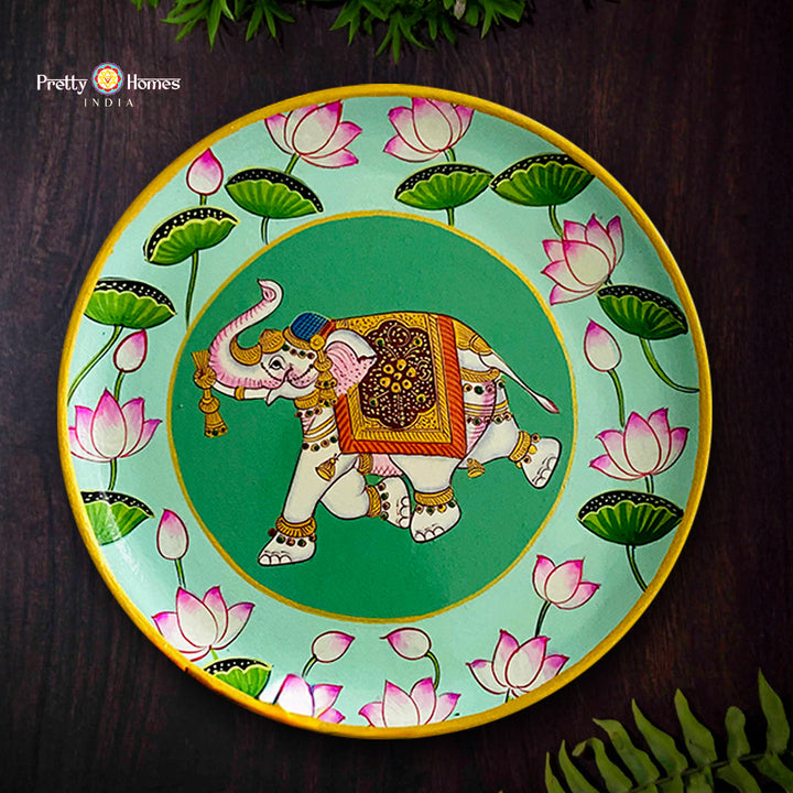Vintage style hand painted Pichwai elephant wall plate with lotus border traditional Indian decor