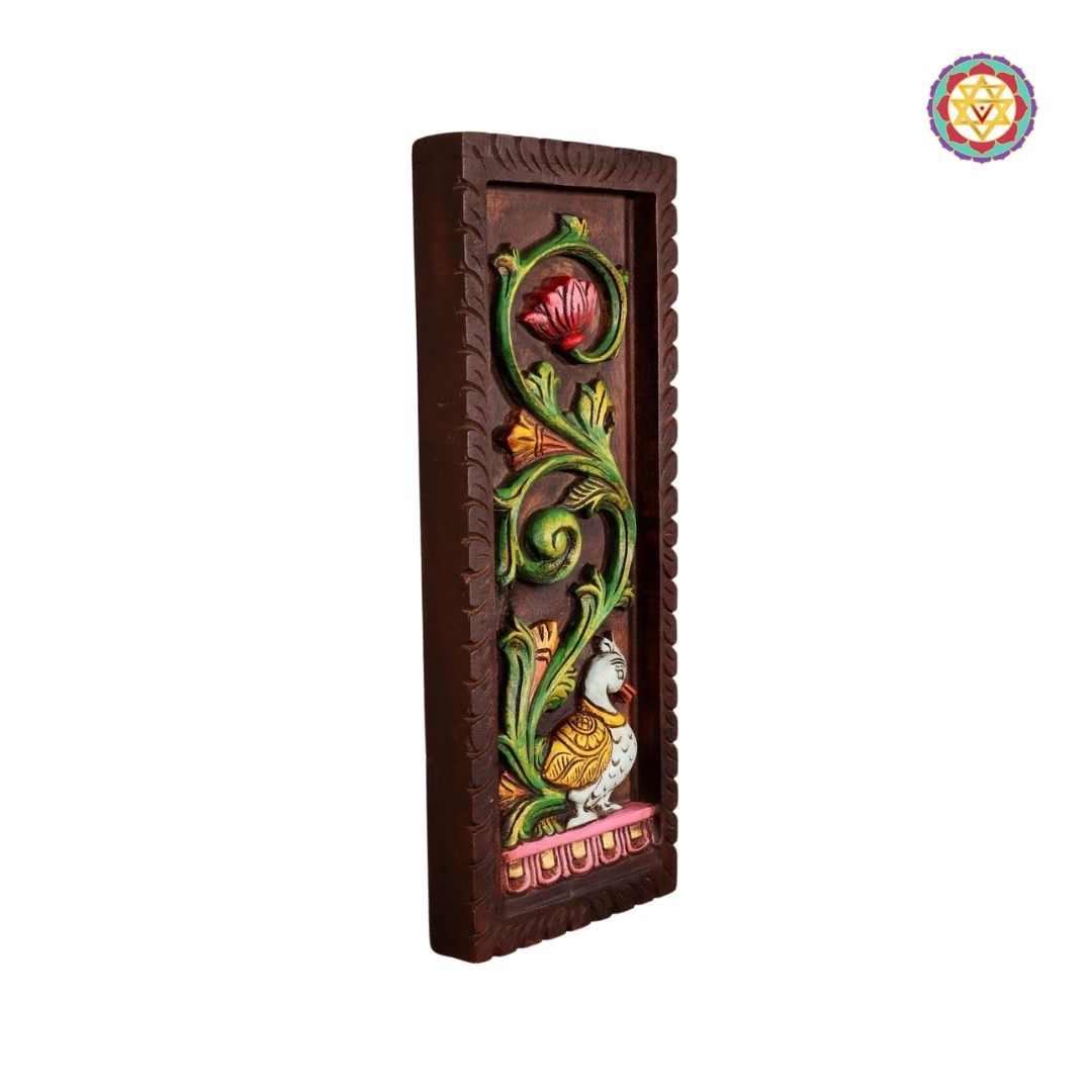 wood carved vertical annapakshi annam with lotus and vines mounted panel in traditional interior