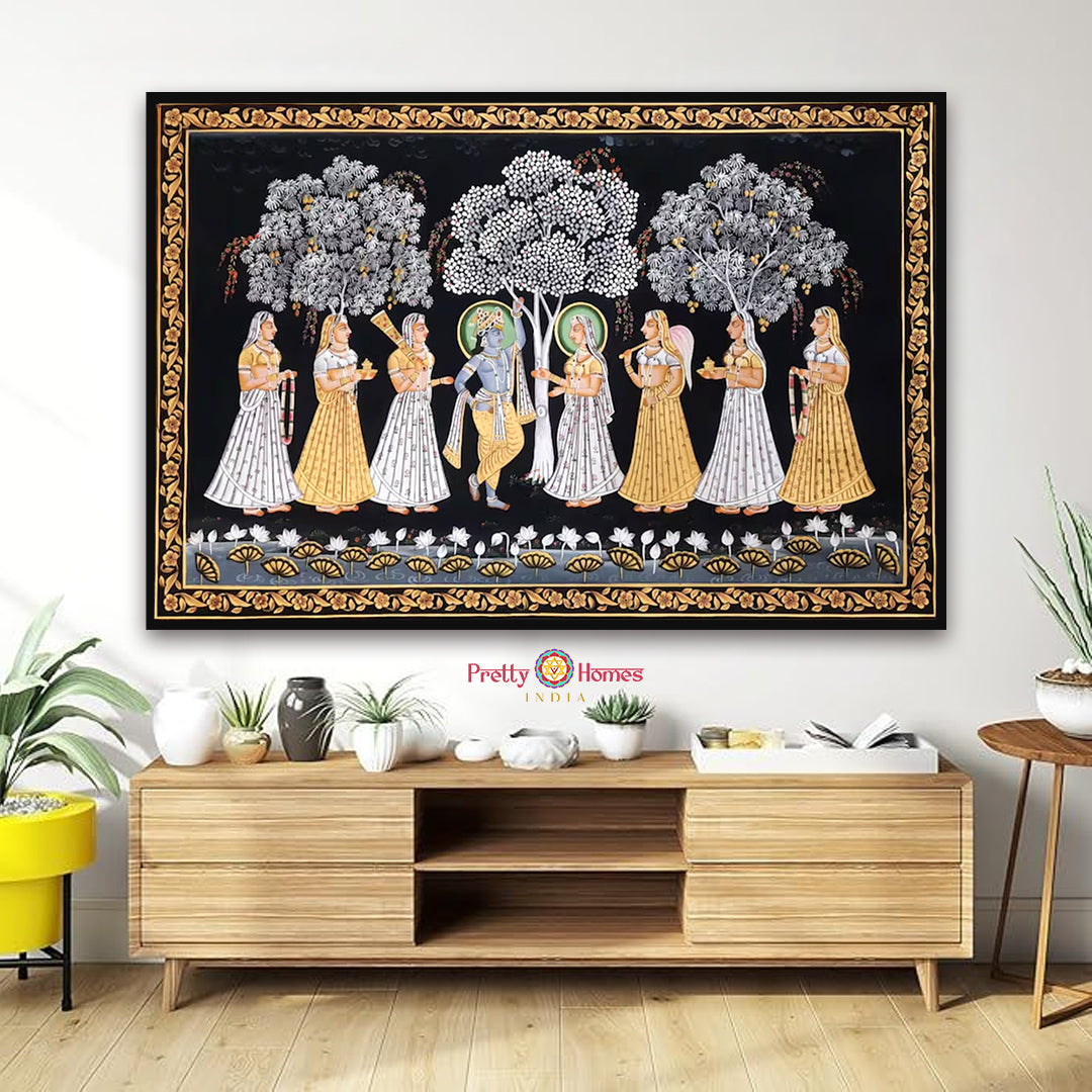 Horizontal Handpainted Pichwai – Radha Krishna with Gopikas Under Moonlight
