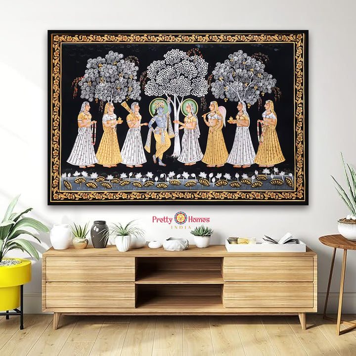Horizontal Handpainted Pichwai – Radha Krishna with Gopikas Under Moonlight