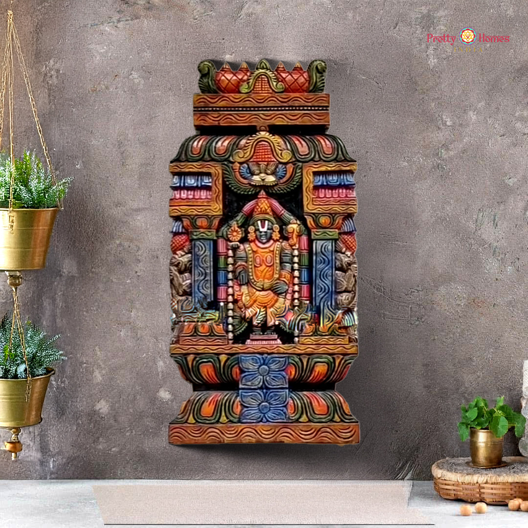 Wooden wall panel of Lord Tirupati Balaji in multicolour gopuram design