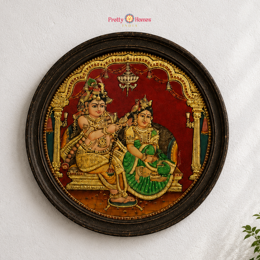 Round Vintage Finish Lord Krishna with Radha Tanjore