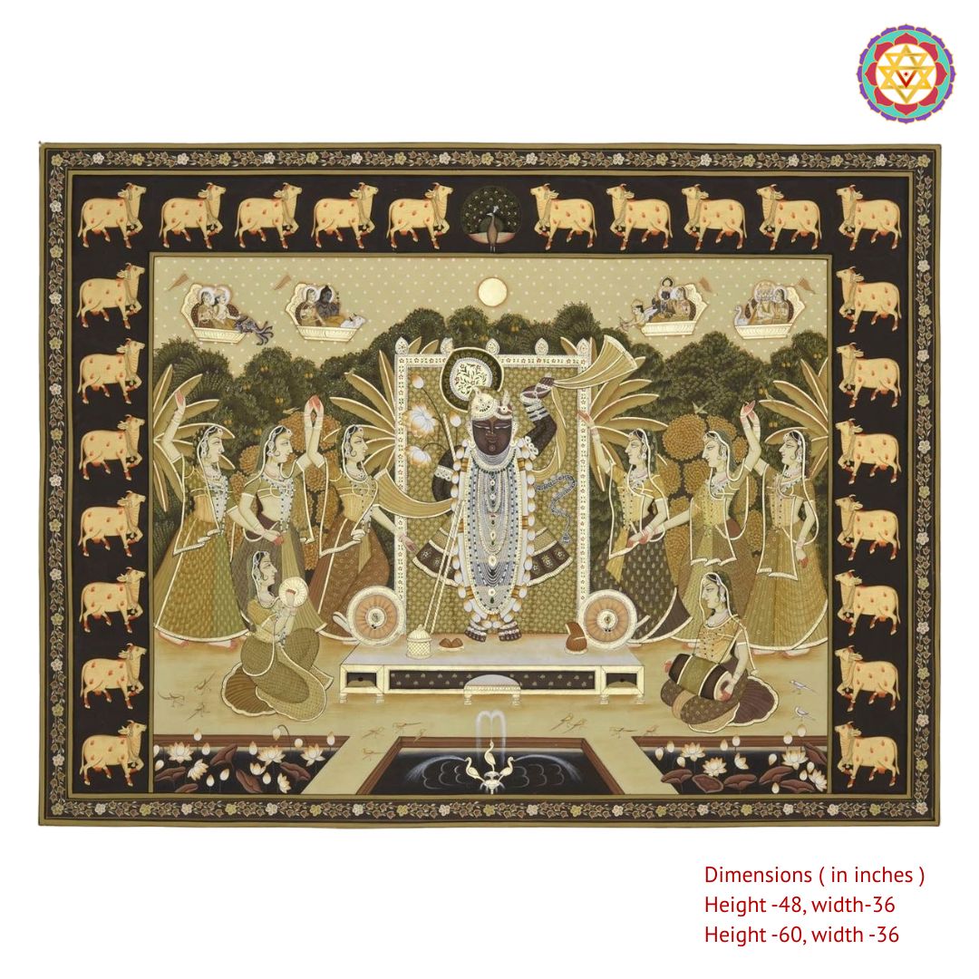 Intricate Handpainted Pichwai – Shrinathji with Gopika & Cow Motifs