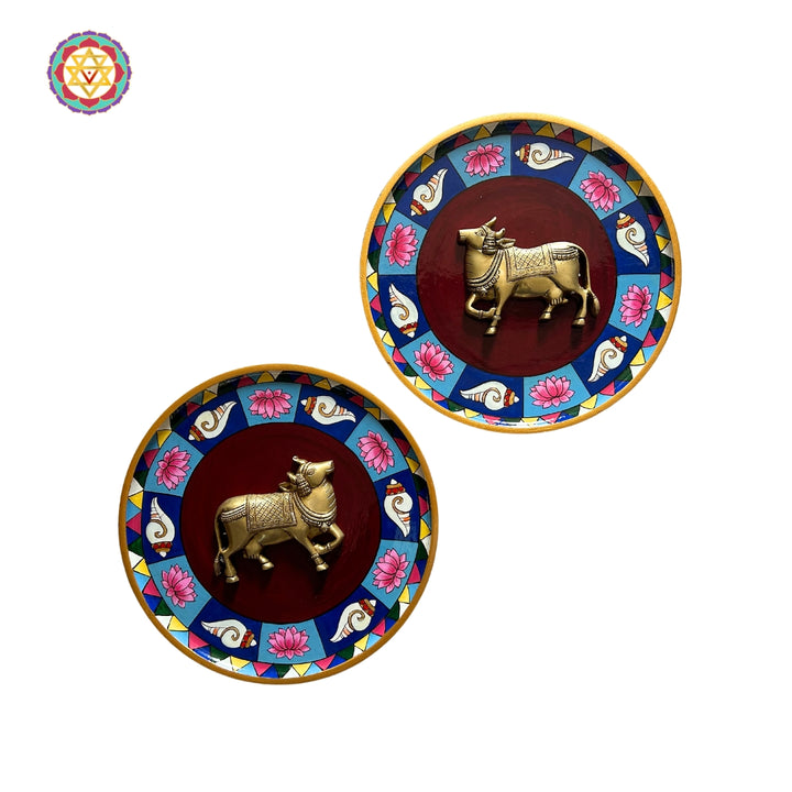 Brass cow on handpainted frame - (Set Of 2)