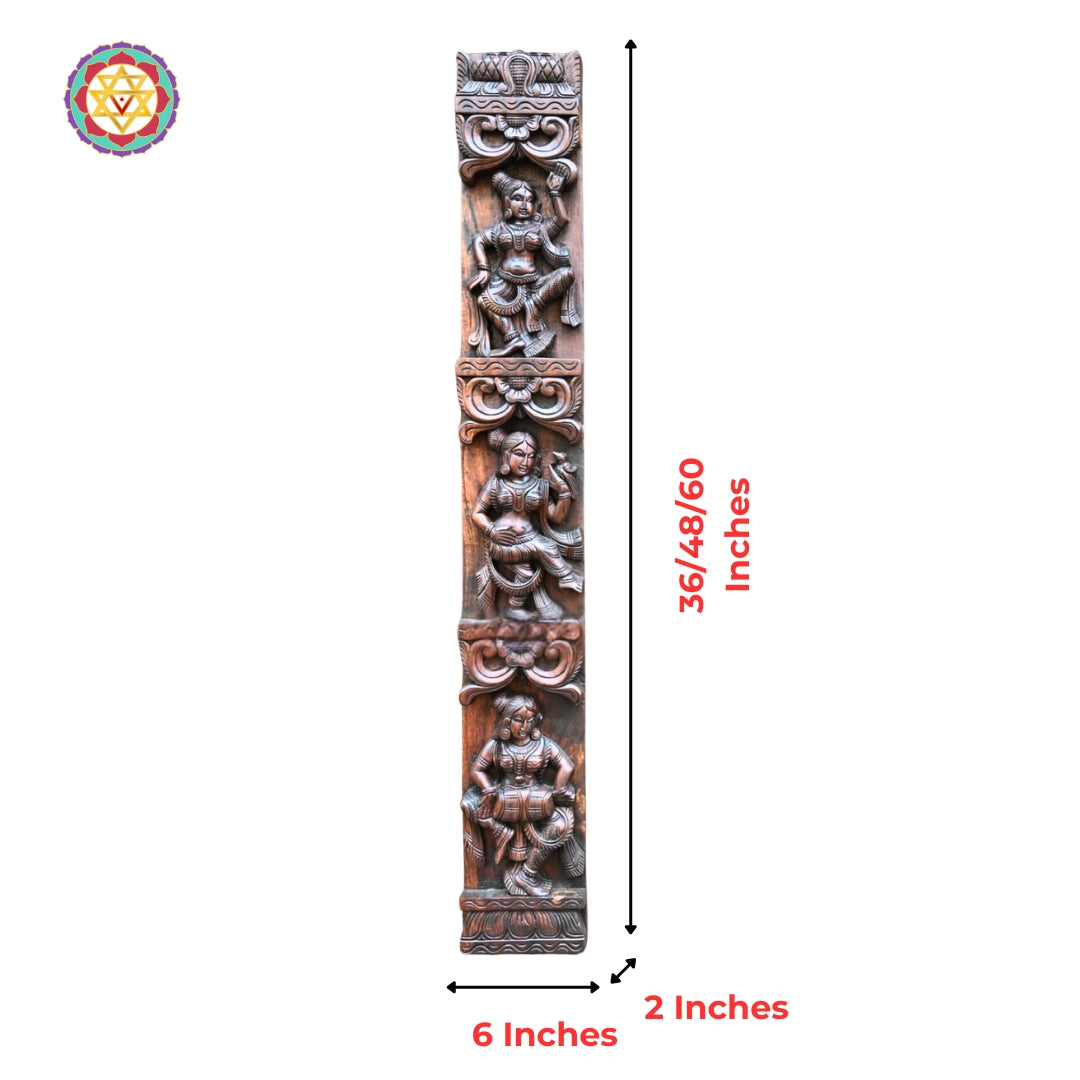 vertical wooden musical apsara wall decor with antique mahogany finish