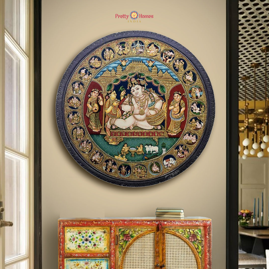 Krishna Leela tanjore painting in circular format with gold foil