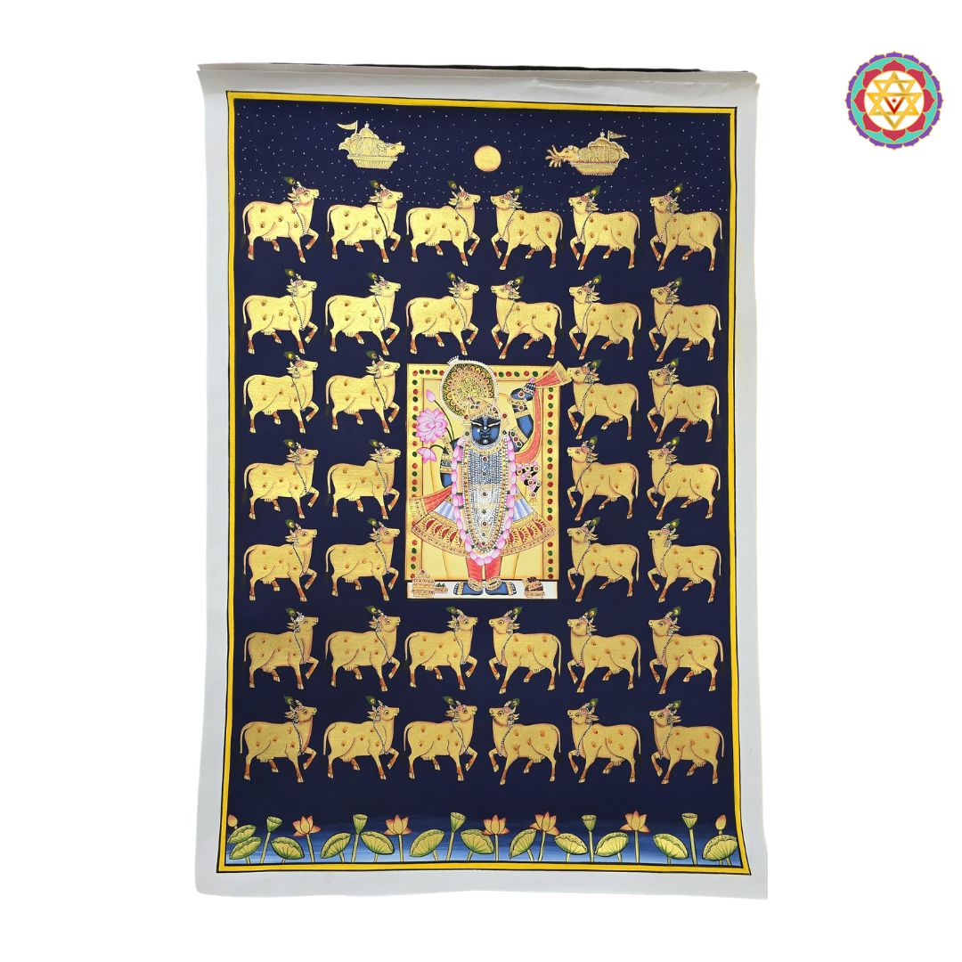 hand-painted pichwai painting -Shrinathji with Golden Cows