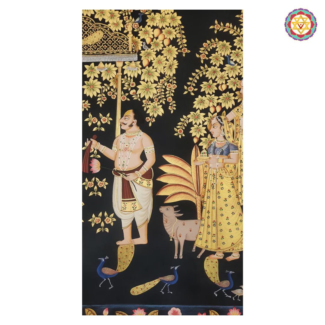 close-up highlighting worshippers and krishna motif