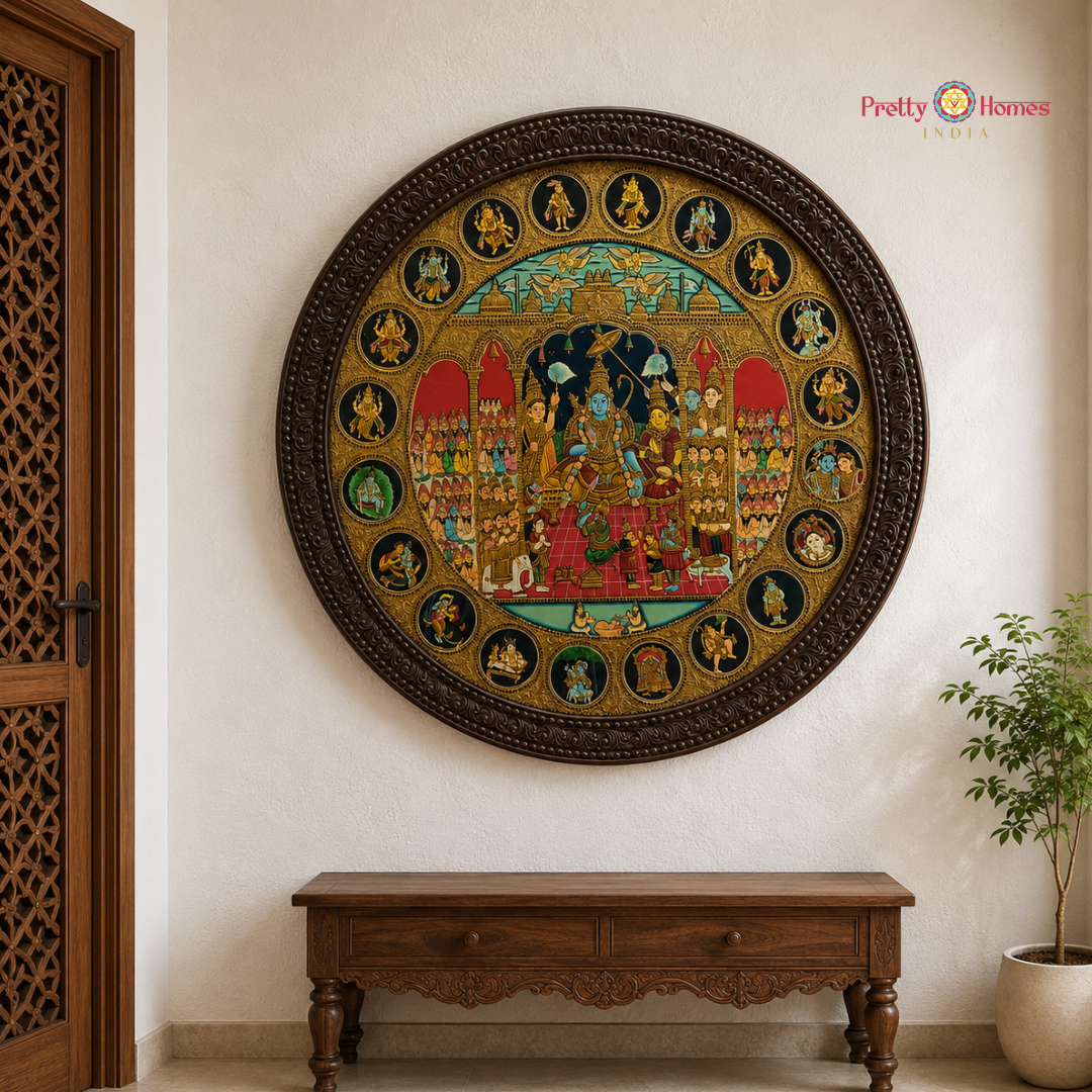 Round Hand-Painted Tanjore – Ram Darbar in 24 Carat Real Gold Foil