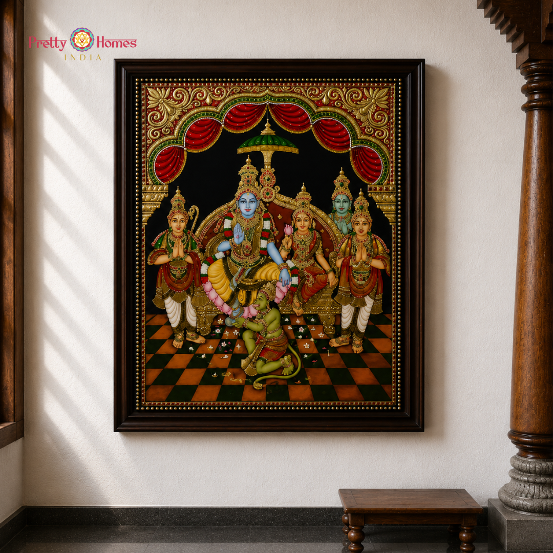 Aesthetic Vintage Finish Ram Darbar with Chettinad Pillars Tanjore in Real Gold