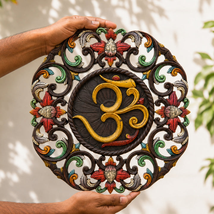 Round Handcarved Om Floral Wall Frame
