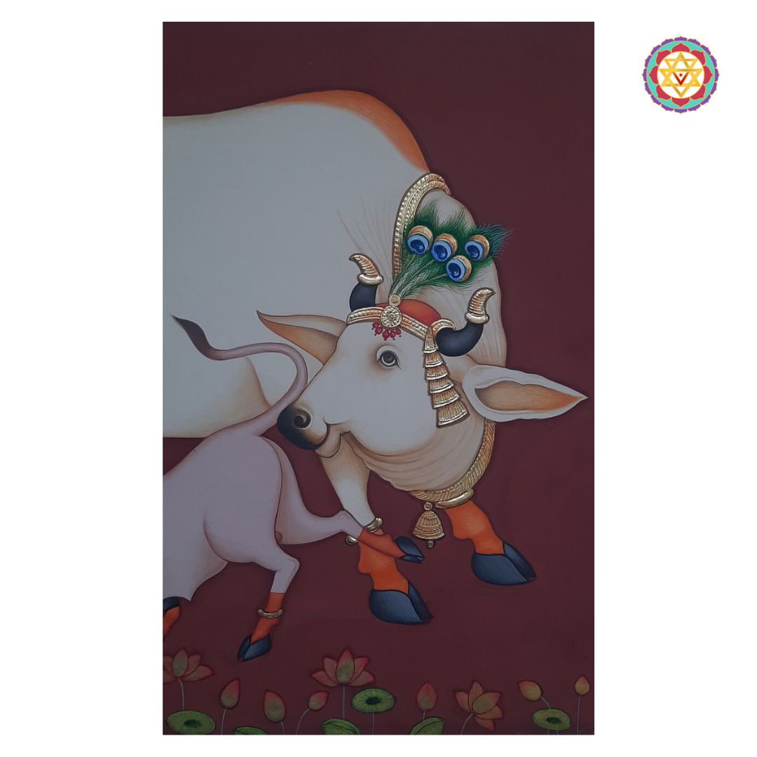 Kamdhenu Blessings – Handpainted Pichwai with Gold Border