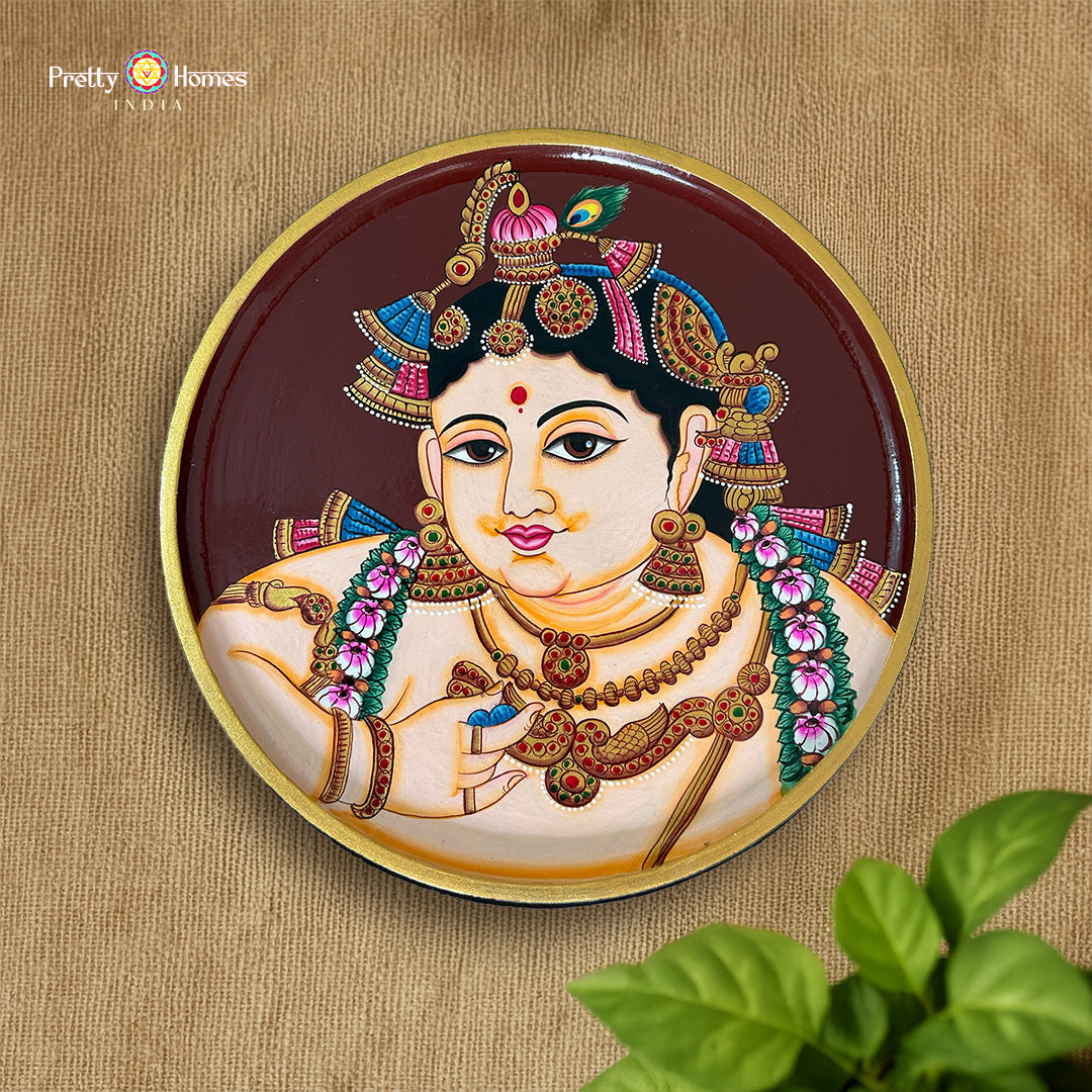 tanjore style baby krishna wall plate hand painted wooden art