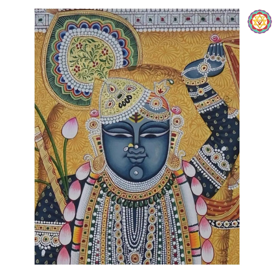Detail of Shreenathji’s face from pichwai painting of Rajasthan in Darshan pose.
