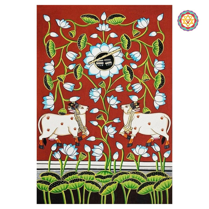 Close-up of lotus pichwai painting with cow pair and detailed floral artwork in red, green, and white.