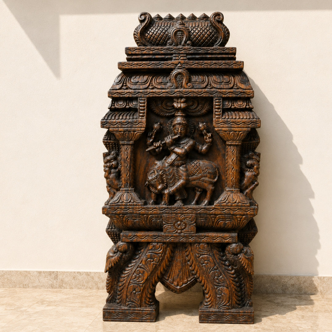 Hand-Carved Cow & Krishna Kavadi Wall Panel