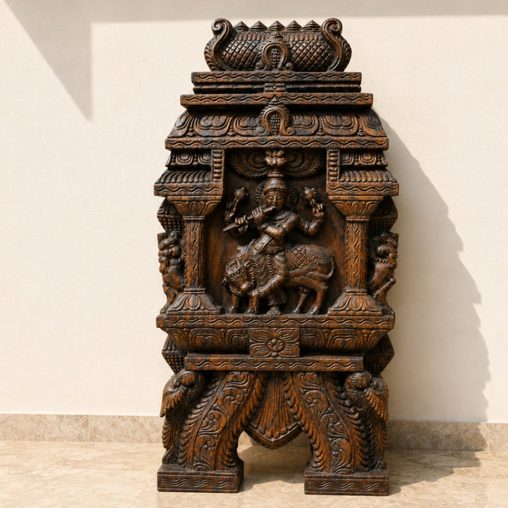 Hand-Carved Cow & Krishna Kavadi Wall Panel