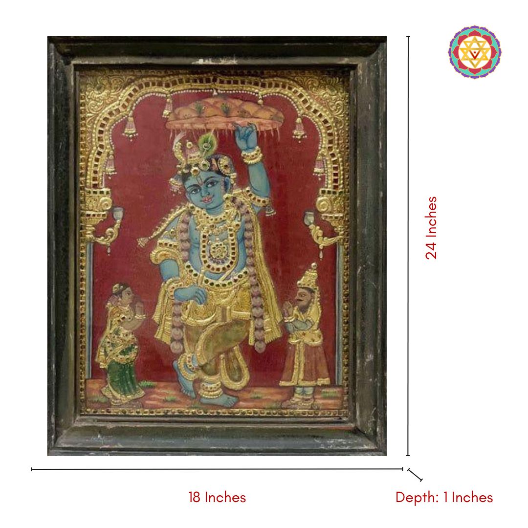 Framed Krishna Tanjore artwork with gold foil and intricate detailing
