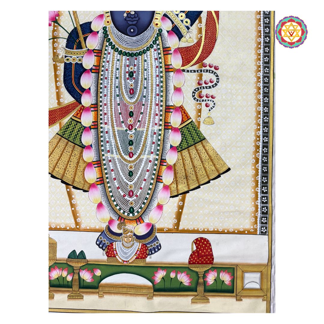 detailed shot of floral motifs and shrinathji ornaments