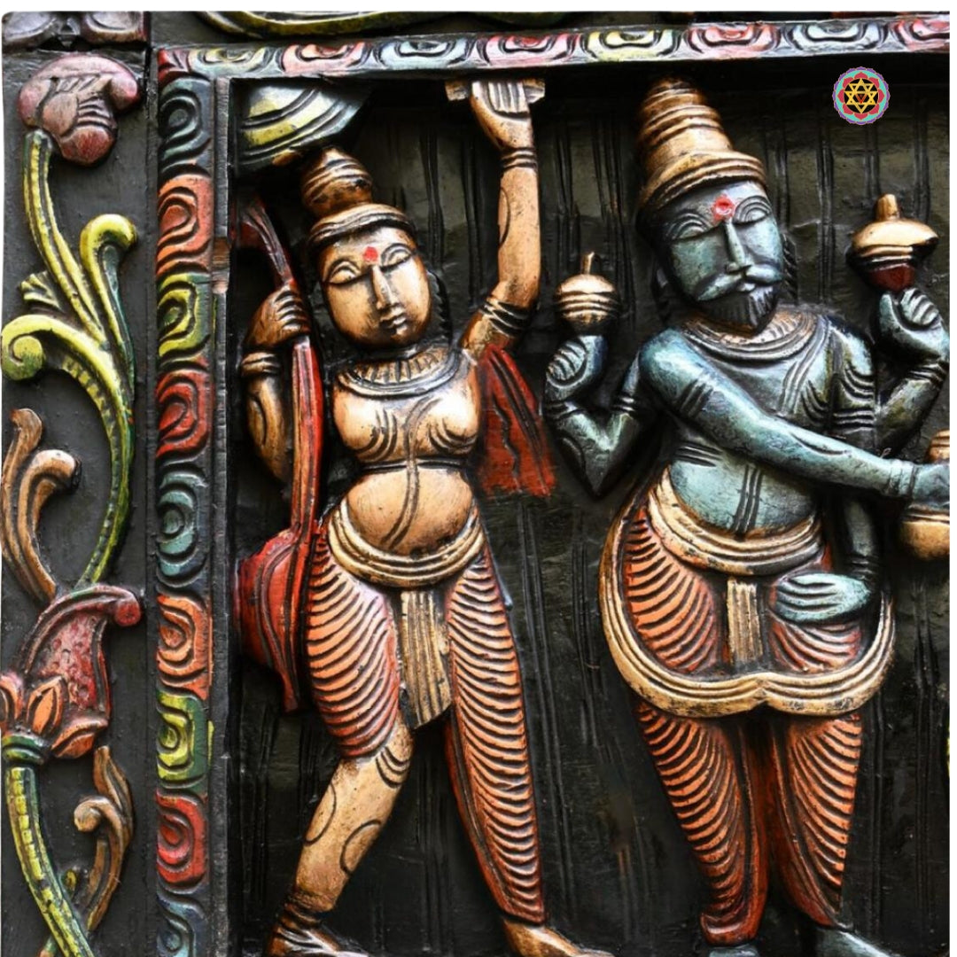 Meenakshi Kalyanam wood carving — handcrafted South Indian temple panel.