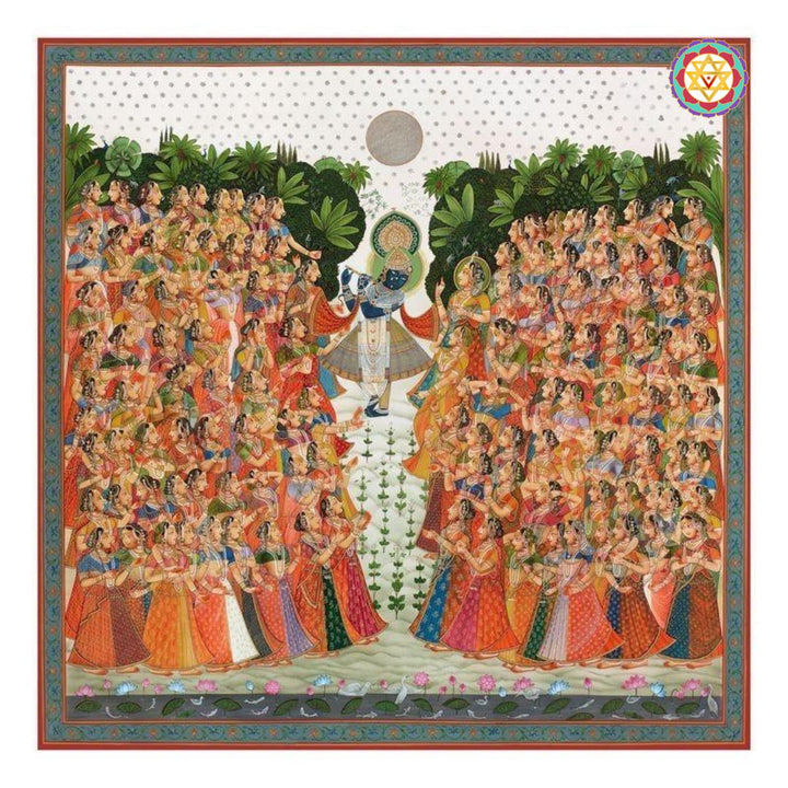 Close-up of hand-painted pichwai artwork showing Krishna with Gopikas, lush greenery, and a moonlit sky.
