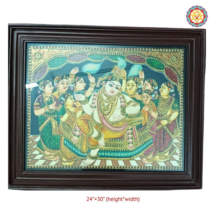Vintage Handmade Tanjore – Lord Krishna with Gopikas | 24K Gold & Teakwood Frame