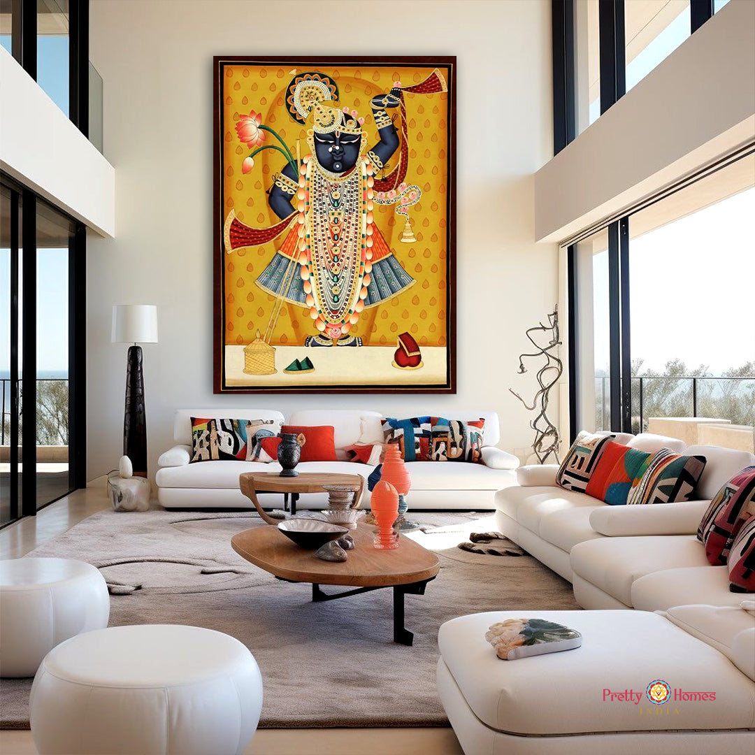 Exquisitely decorated Pichwai artwork capturing Krishna’s divine leelas with vibrant colors