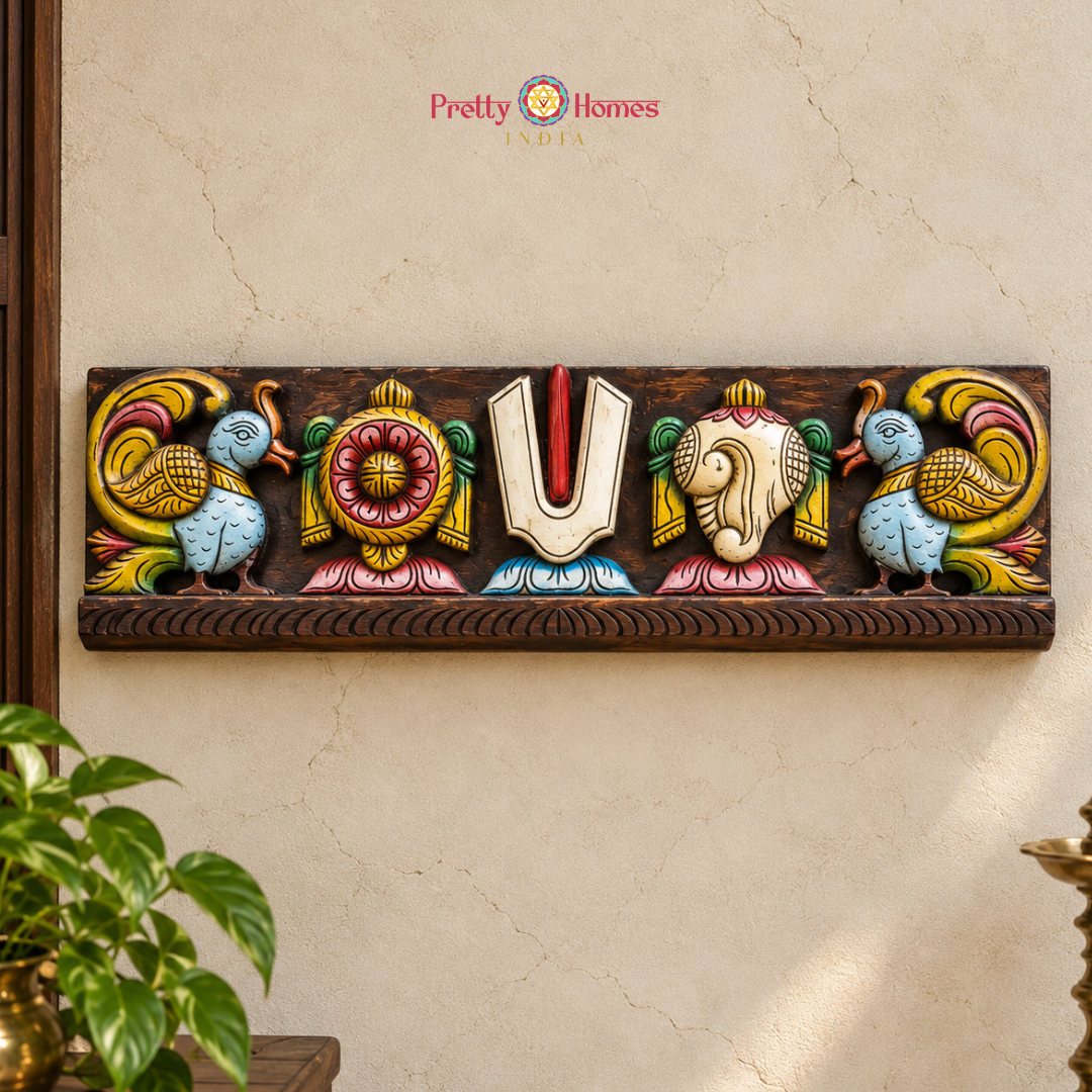 Wood-Carved Shankha Chakra Panel with Swans
