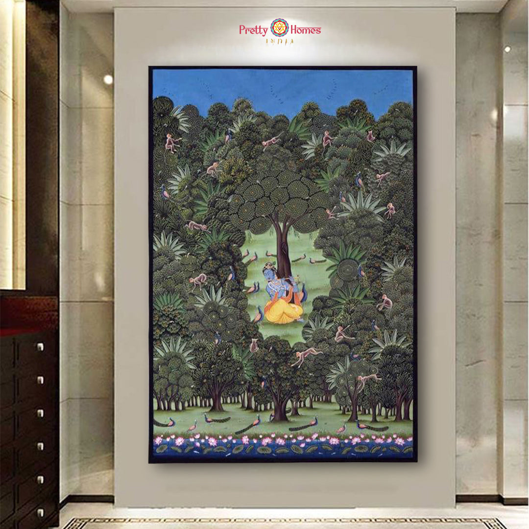 Flute Krishna Amidst Nature — Handpainted Pichwai for Heritage Interiors