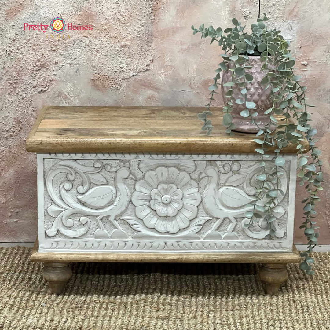 Woodcarved Trunk Coffee Table with Intricate Bird Carvings