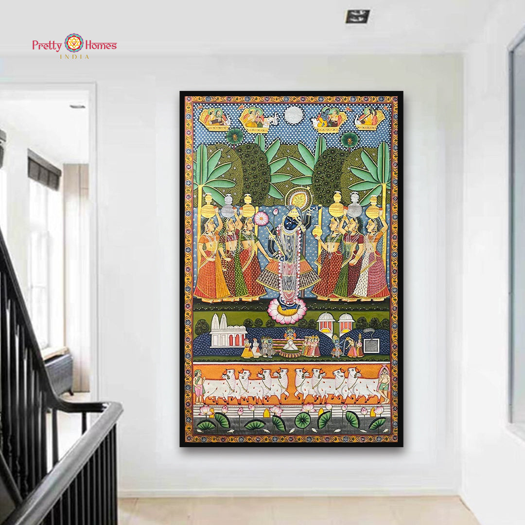 vintage krishna gopikas pichwai full artwork with traditional styling