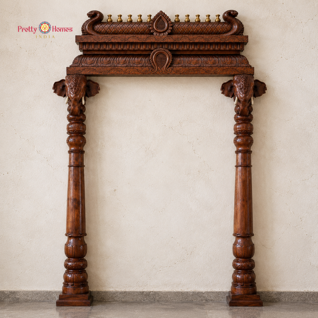 Hand-Carved Elephant Design Pillars & Gopuram Set