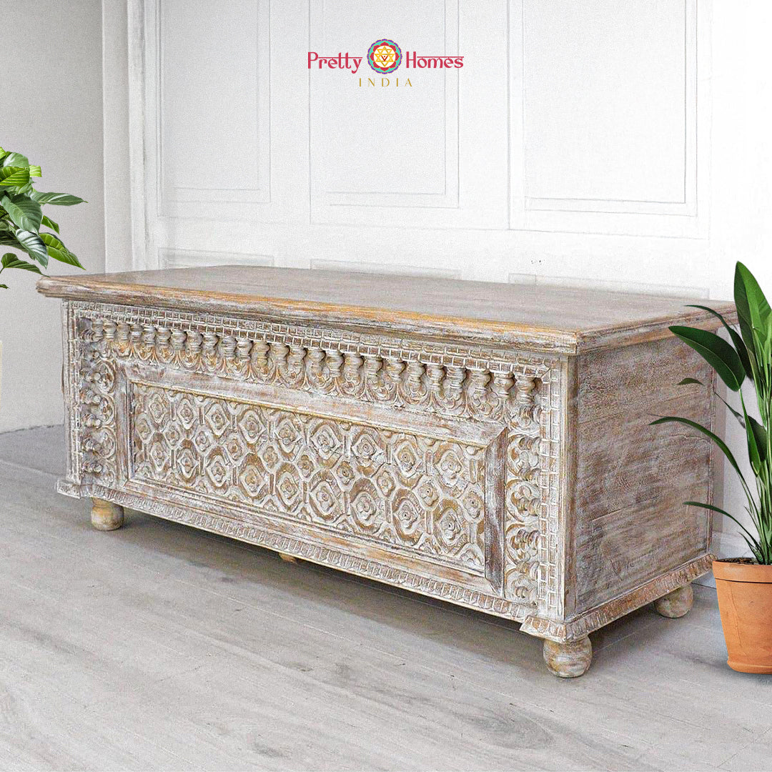 Hand-carved teak wood trunk storage box coffee table with spindle design — antique brown finish, handcrafted furniture piece