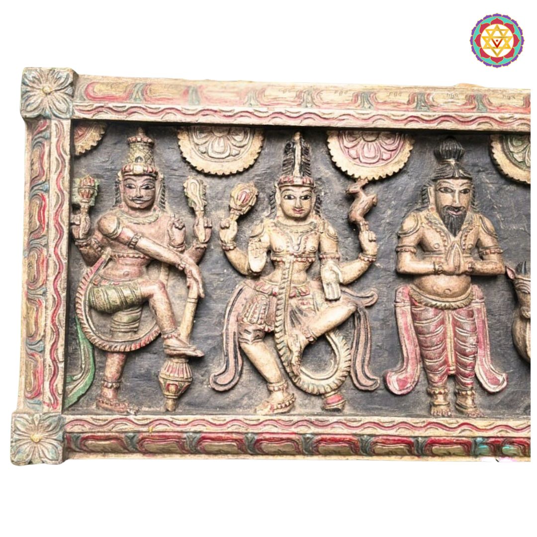 horizontal antique style carved panel shiva parvati on nandi with deities detailed carving close-up of divine figures