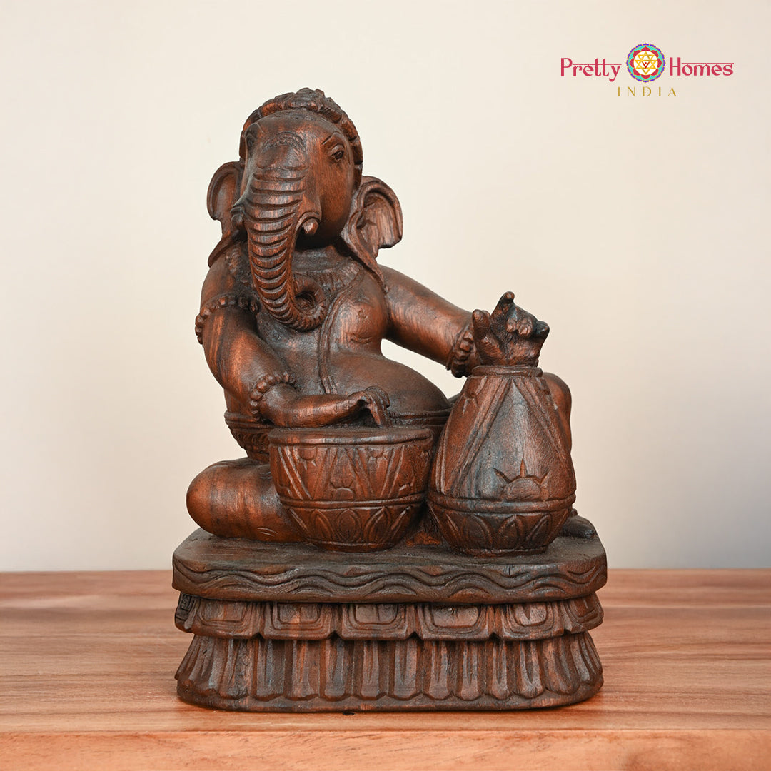 Woodcarved Ganesha Statue/Sculpture ,Playing Musical instruments (Single)