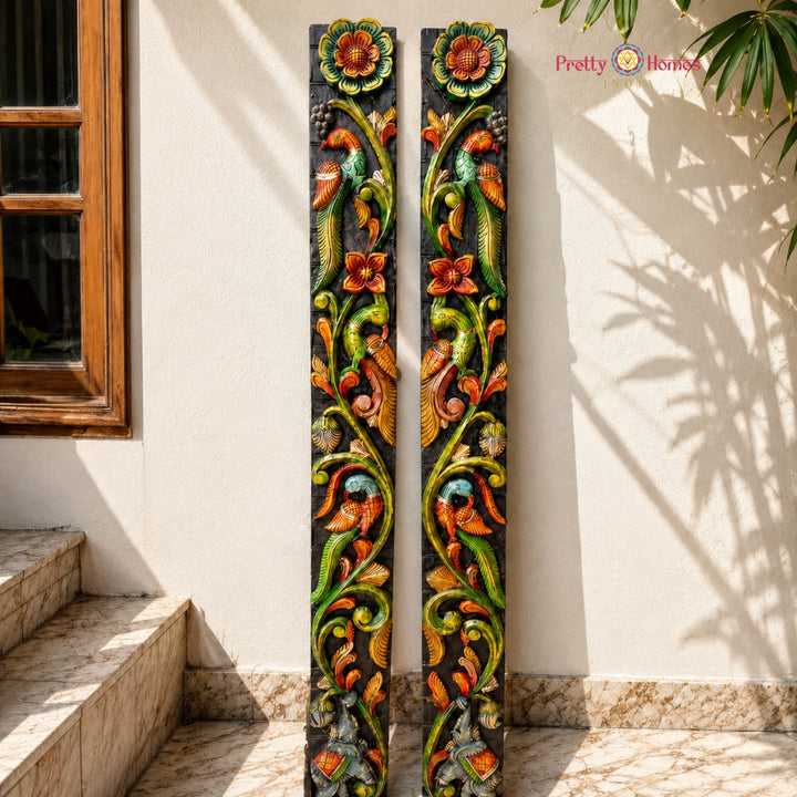 Vertical Wooden Wall Panel – Floral, Bird & Elephant Motifs (Single)