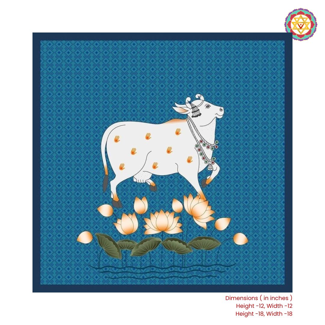Small size handpainted pichwai - Blue Lotus and Cow