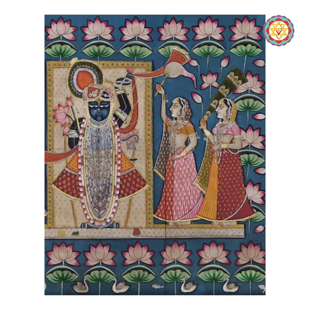 Shrinathji and Gopis in Sharad Poornima pichwai, traditional pink and blue color scheme.