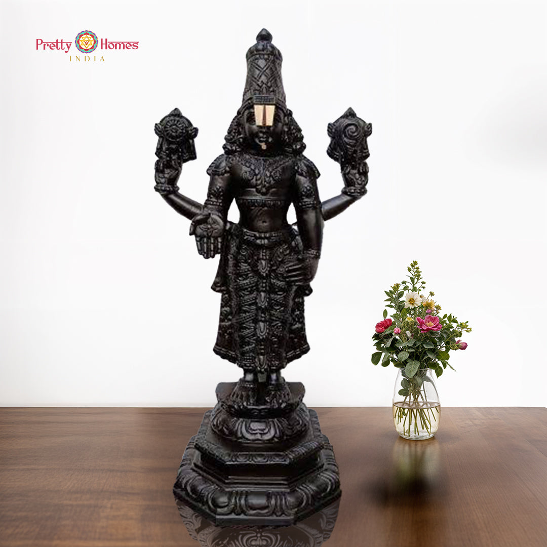 Hand-carved teakwood Tirupati Balaji Kalyan Balaji statue with intricate temple detailing