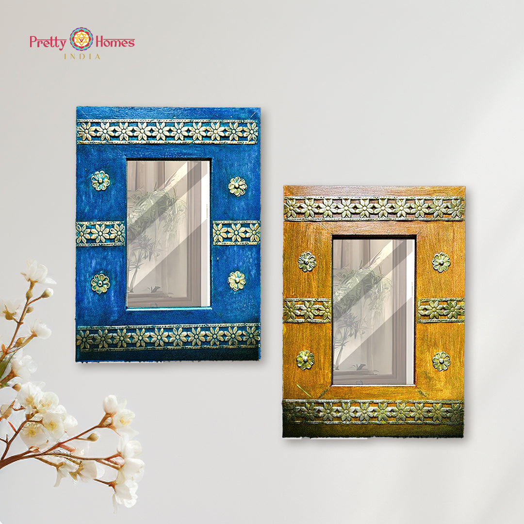 Blue and yellow handcrafted mirrors with brass inlay