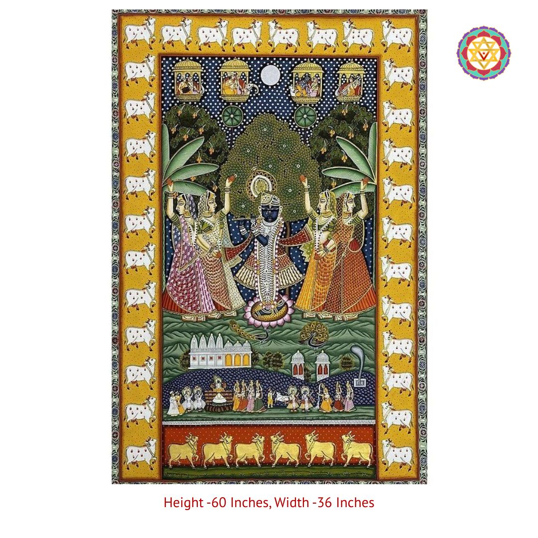 Handpainted Pichwai – Sharad Shrinathji with Gopikas & Cow Border