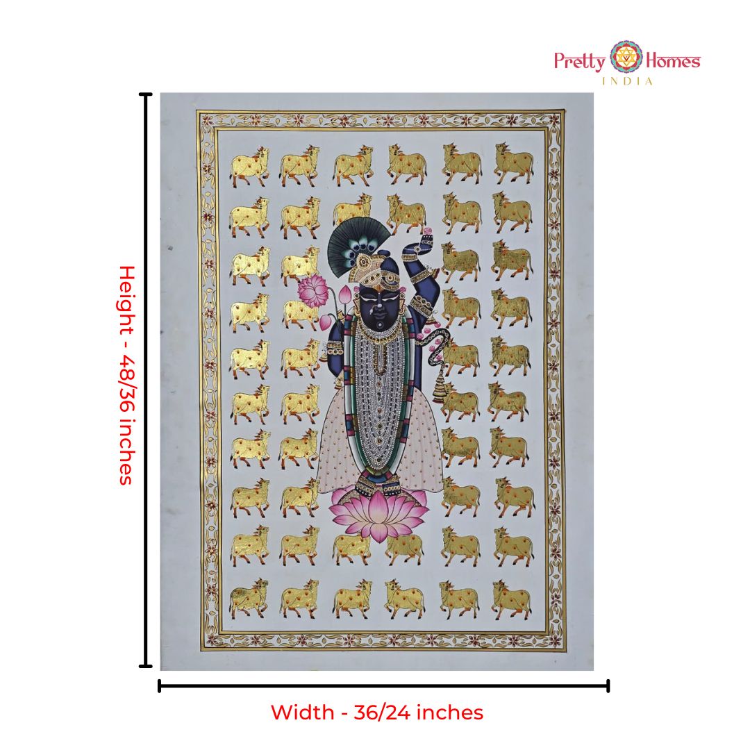 Handpainted Pichwai – Shrinathji with Golden Cows