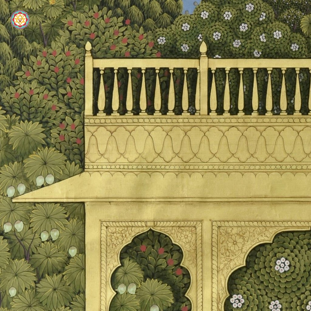 Side view of Pichwai painting — soft color palette and delicate ornamentation, crafted by skilled artisans