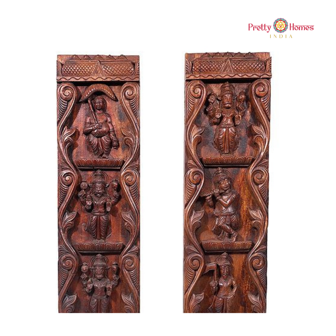 Vertical Vishnu Dasavtar Woodcarved Wall Panel Pair