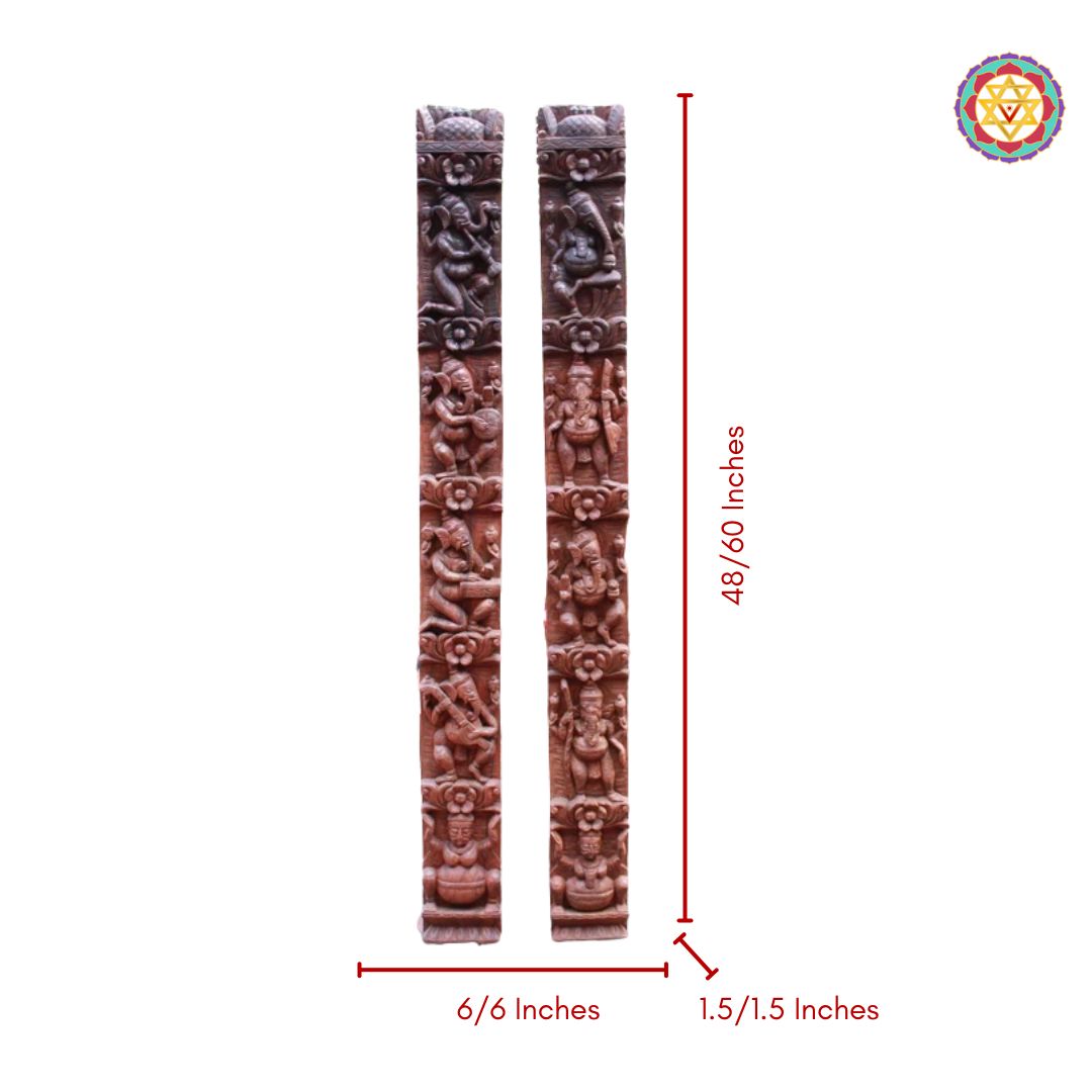 Pair of brown incense sticks with measurements on a white background. Dimension image of 60-inch vertical musical Ganesha wall panel.