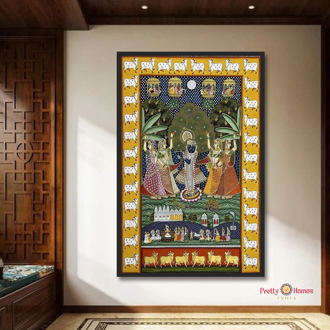 sharad shrinathji pichwai full view with gopikas and cow border